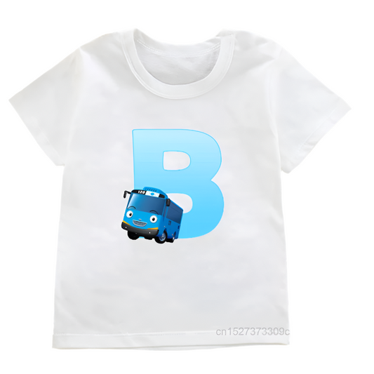 Classic and Fun Tayo the Little Bus White T-Shirt Featuring Letter "B"