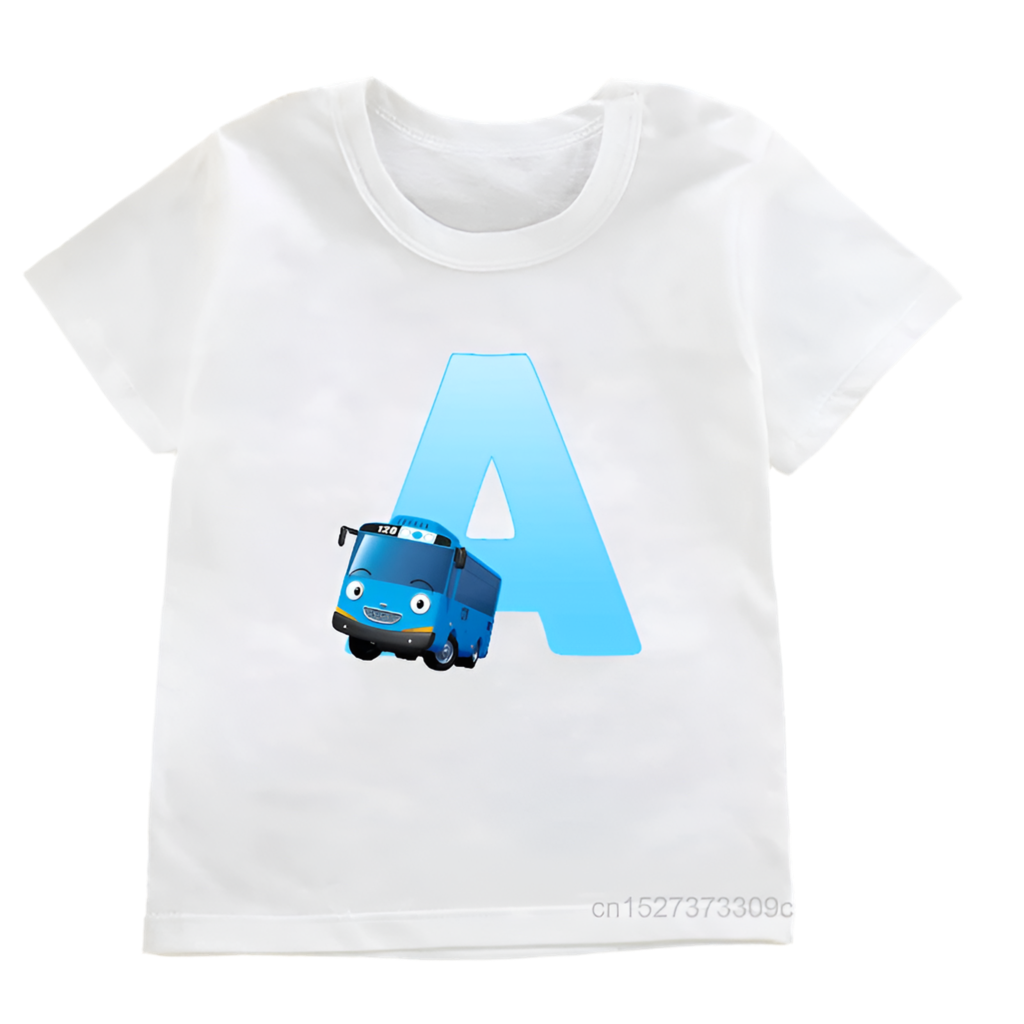 Classic and Fun Tayo the Little Bus White T-Shirt Featuring Letter "A"