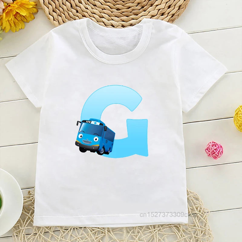 Classic and Fun Tayo the Little Bus White T-Shirt Featuring Letter "G"