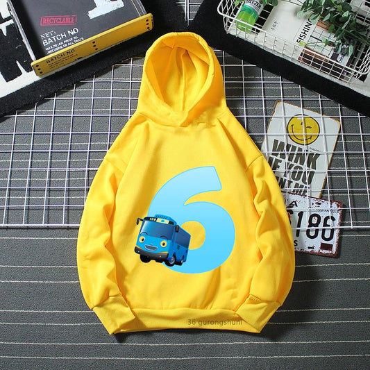 Cozy and Stylish Tayo the Little Bus yellow Hoodie with "6" Design for Kids