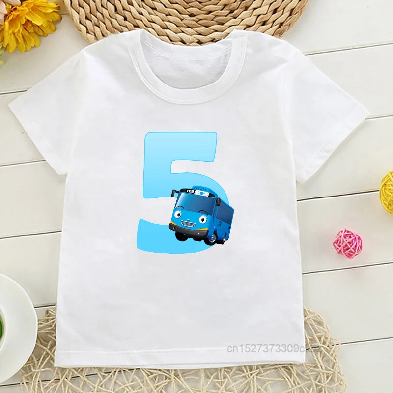 Classic and Playful Tayo the Little Bus White T-Shirt Featuring Number "5"