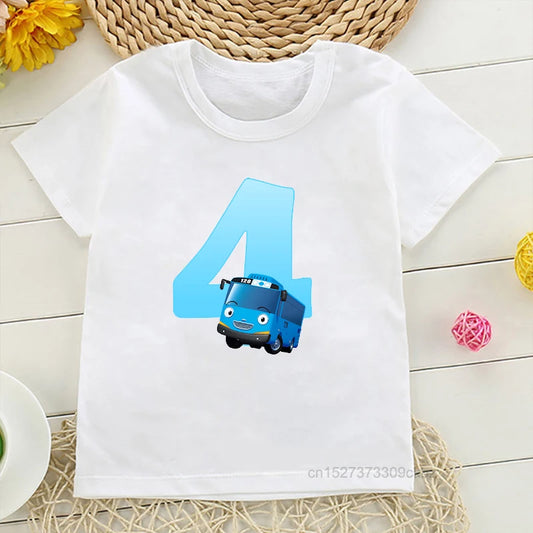 Classic and Playful Tayo the Little Bus White T-Shirt Featuring Number "4"