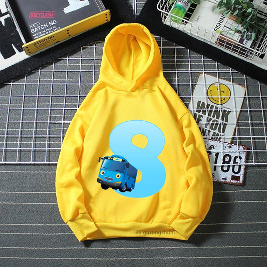 Cozy and Stylish Tayo the Little Bus Yellow Hoodie with "8" Design for Kids