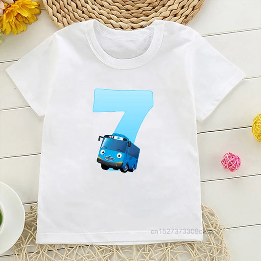 Classic and Playful Tayo the Little Bus White T-Shirt Featuring Number "7"