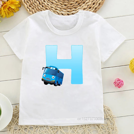 Classic and Fun Tayo the Little Bus White T-Shirt Featuring Letter "H"