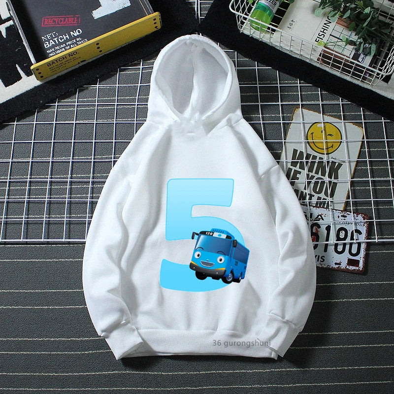 Cozy and Stylish Tayo the Little Bus White Hoodie with "5" Design for Kids