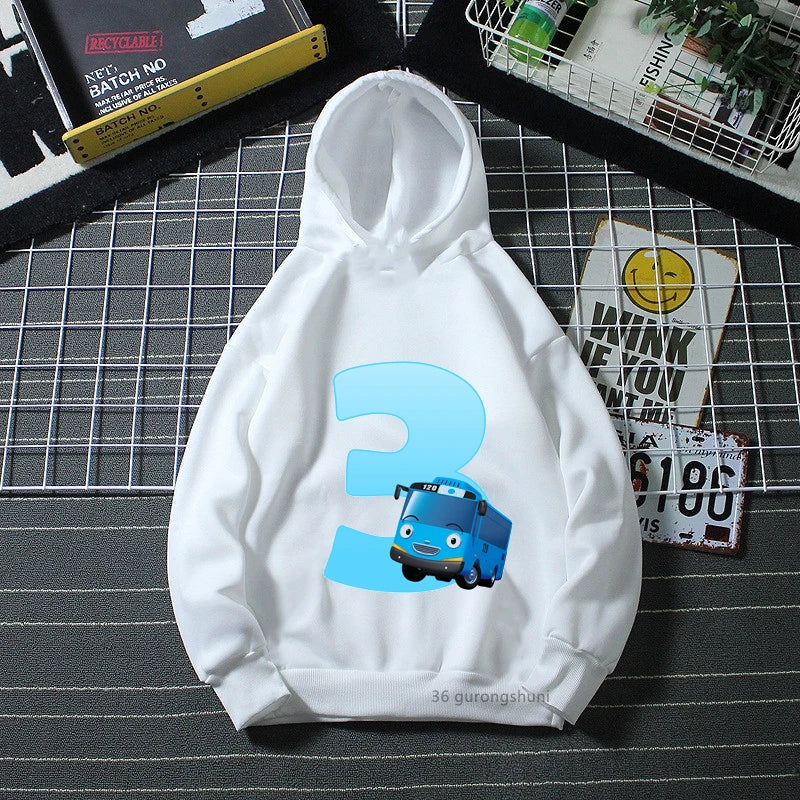 Cozy and Stylish Tayo the Little Bus White Hoodie with "3" Design for Kids