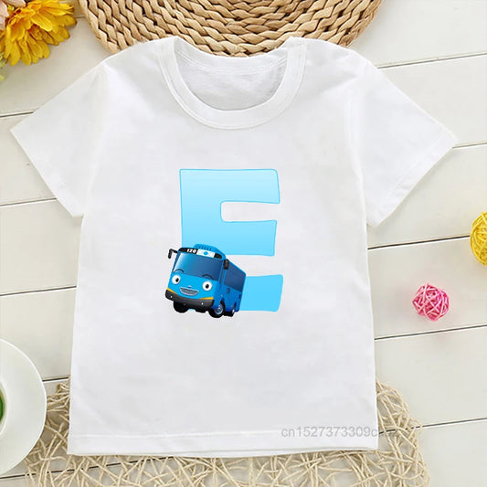 Classic and Fun Tayo the Little Bus White T-Shirt Featuring Letter "E"