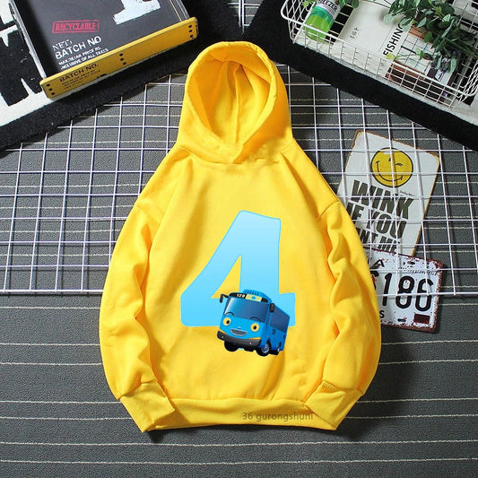 Cozy and Stylish Tayo the Little Bus Yellow Hoodie with "4" Design for Kids